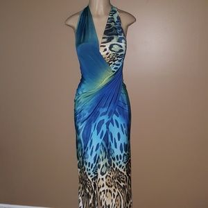 Blue and green cheetah print v-neck dress